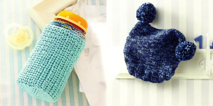 Gestrickter Überzug für eine Babyflasche und Bommelmütze