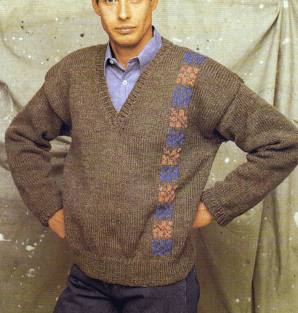 Gestrickter V-Ausschnitt-Herrenpullover mit Jacquardrand 